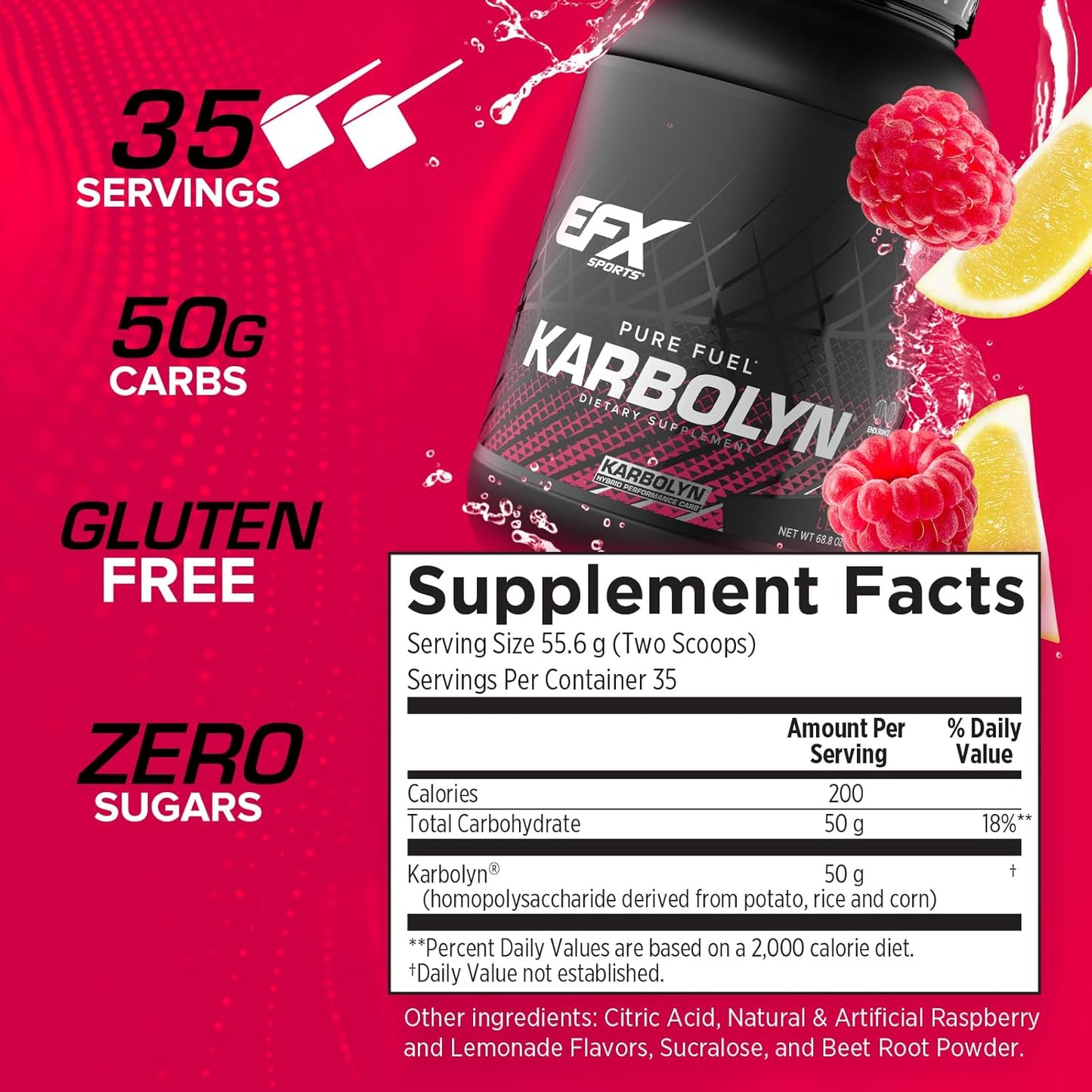 EFX Sports Karbolyn Fuel - Raspberry Lemonade | Fast-Absorbing Carb Powder for Energy & Recovery | 35 Servings