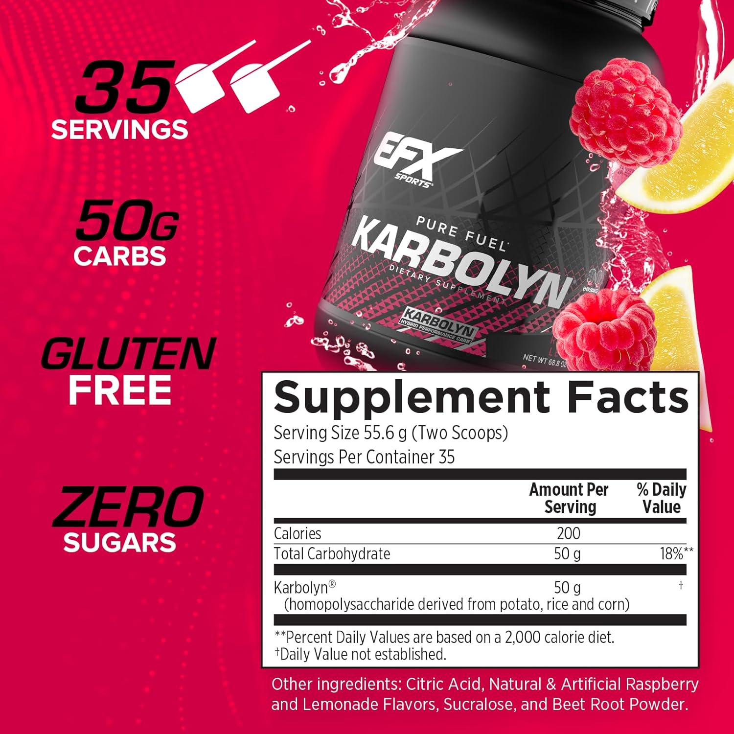 EFX Sports Karbolyn Fuel - Raspberry Lemonade | Fast-Absorbing Carb Powder for Energy & Recovery | 35 Servings