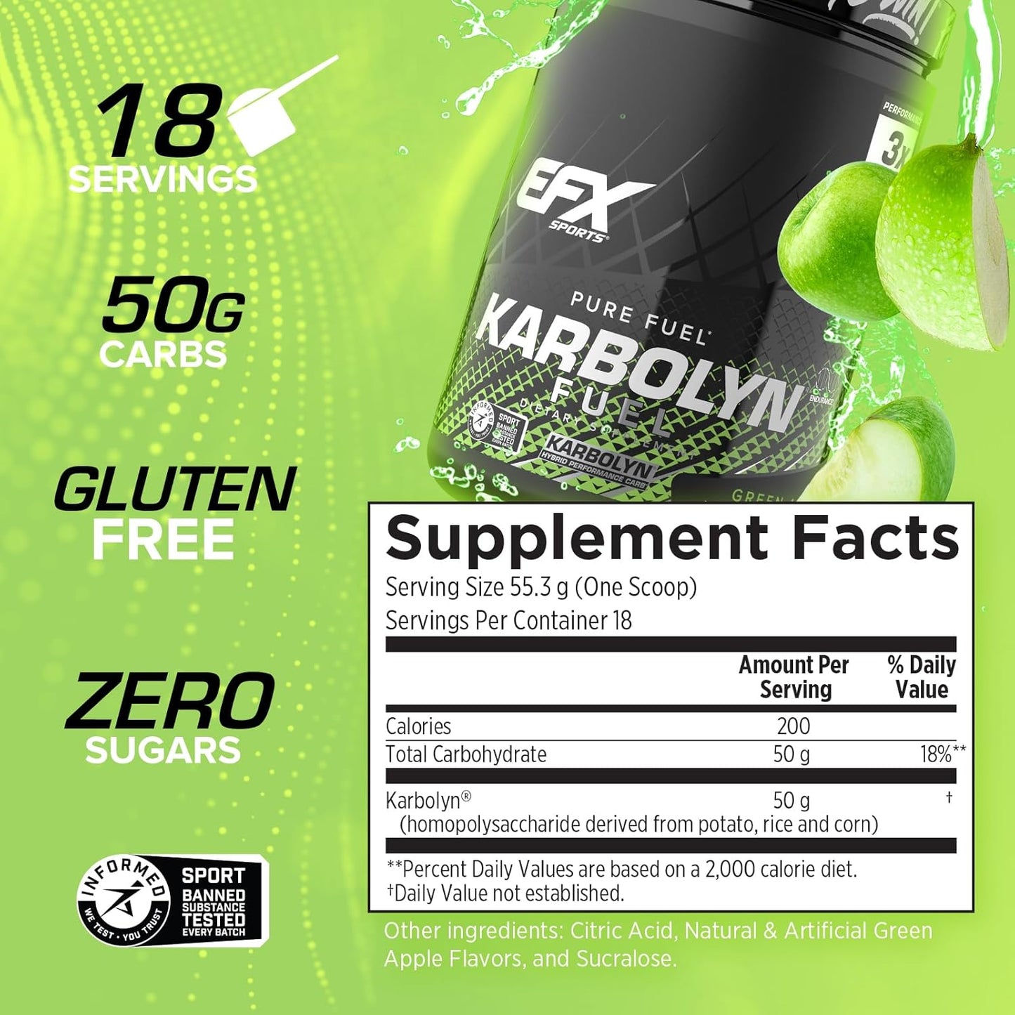 EFX Sports Karbolyn Fuel: Green Apple Carbohydrate Powder for Carb Loading, Energy, Recovery - 18 Servings, Stimulant-Free