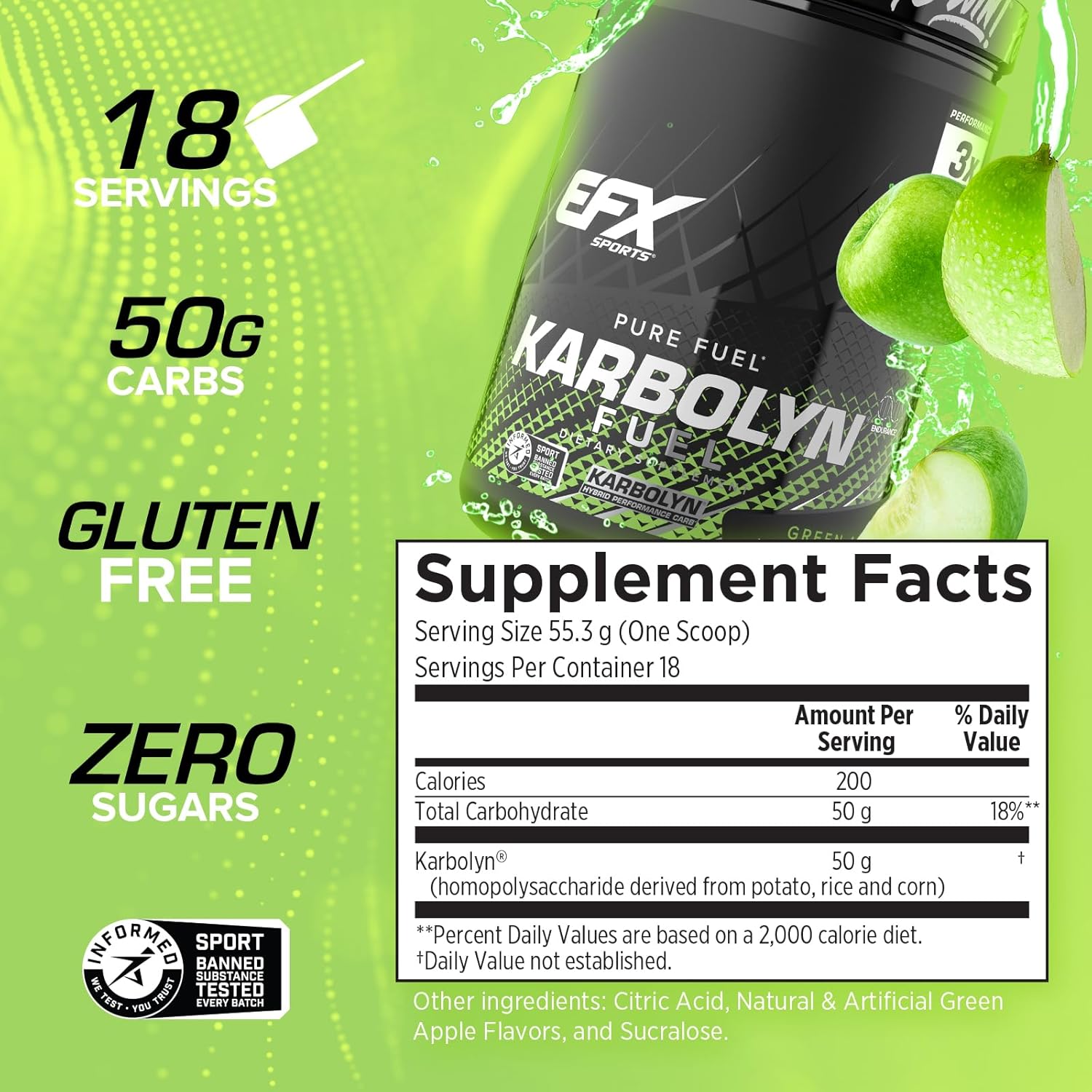 EFX Sports Karbolyn Fuel: Green Apple Carbohydrate Powder for Carb Loading, Energy, Recovery - 18 Servings, Stimulant-Free