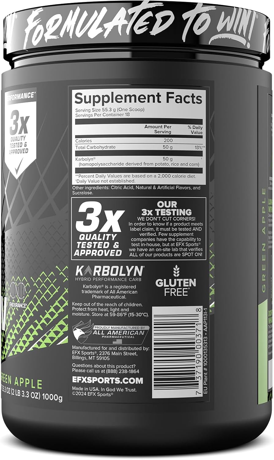 EFX Sports Karbolyn Fuel: Green Apple Carbohydrate Powder for Carb Loading, Energy, Recovery - 18 Servings, Stimulant-Free