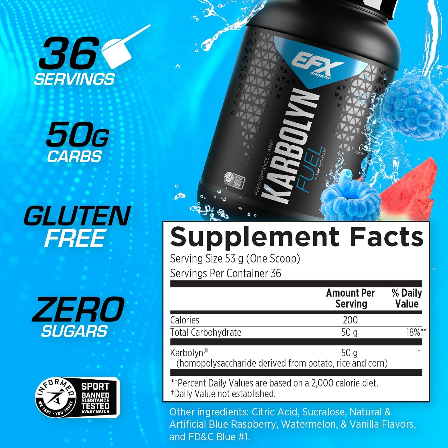 EFX Sports Karbolyn Fuel Powder - Blue Razz Watermelon Flavor | Rapid Carb Absorption for Energy & Recovery | 36 Servings