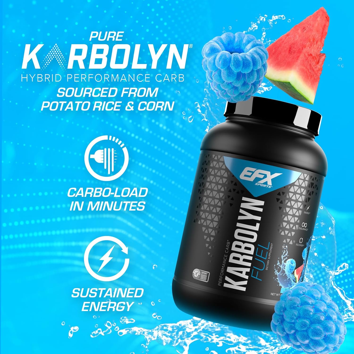 EFX Sports Karbolyn Fuel Powder - Blue Razz Watermelon Flavor | Rapid Carb Absorption for Energy & Recovery | 36 Servings
