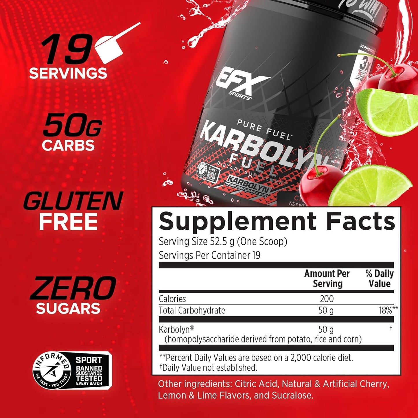 EFX Sports Karbolyn Fuel Powder - Fast-Absorbing Carb Supplement for Energy & Recovery - Cherry Limeade Flavor - 19 Servings