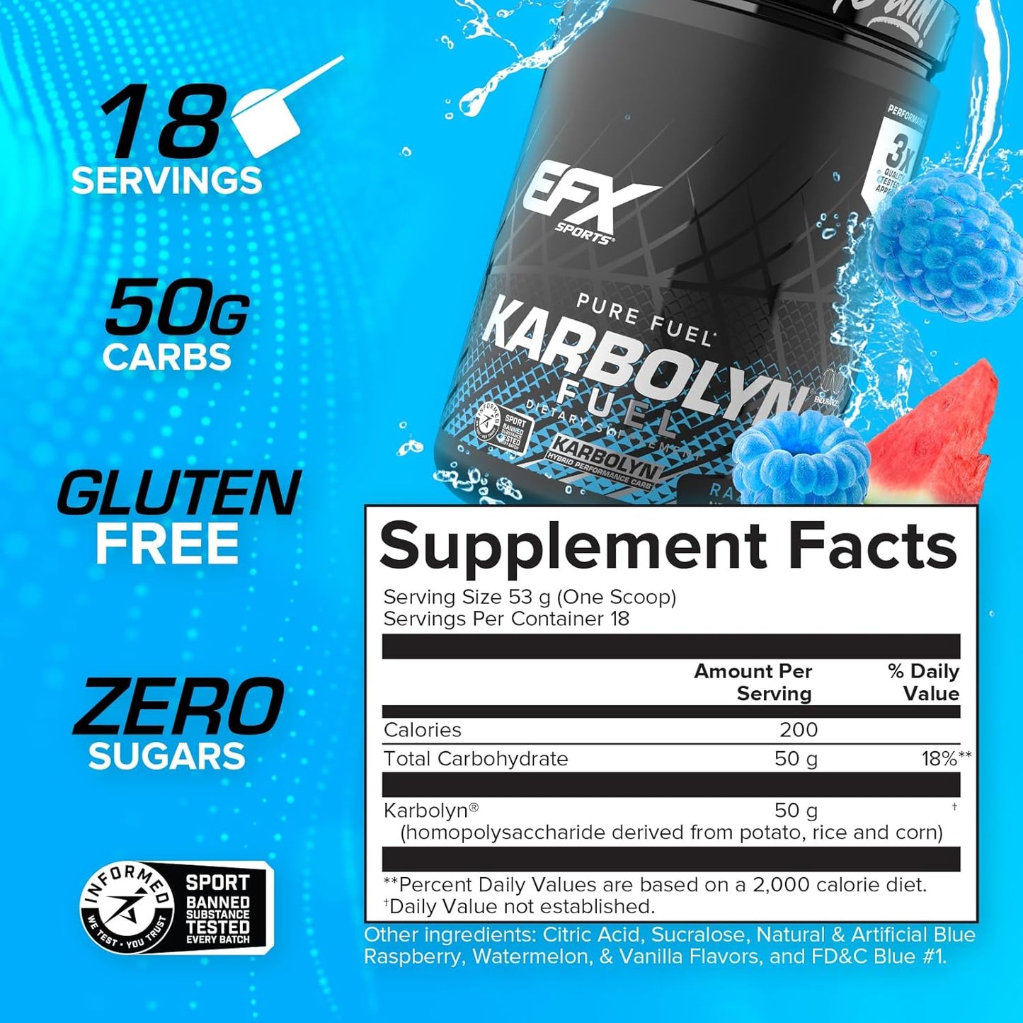 EFX Sports Karbolyn Fuel Powder | Fast-Absorbing Carbohydrates for Carb Loading and Energy | Stimulant-Free Recovery | Blue Razz Watermelon Flavor | 18 Servings