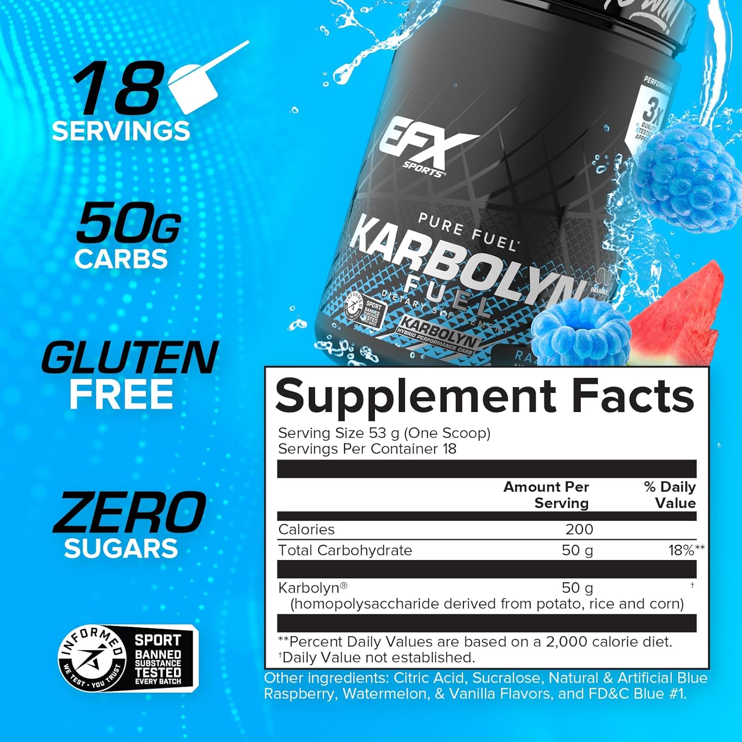 EFX Sports Karbolyn Fuel Powder | Fast-Absorbing Carbohydrates for Carb Loading and Energy | Stimulant-Free Recovery | Blue Razz Watermelon Flavor | 18 Servings