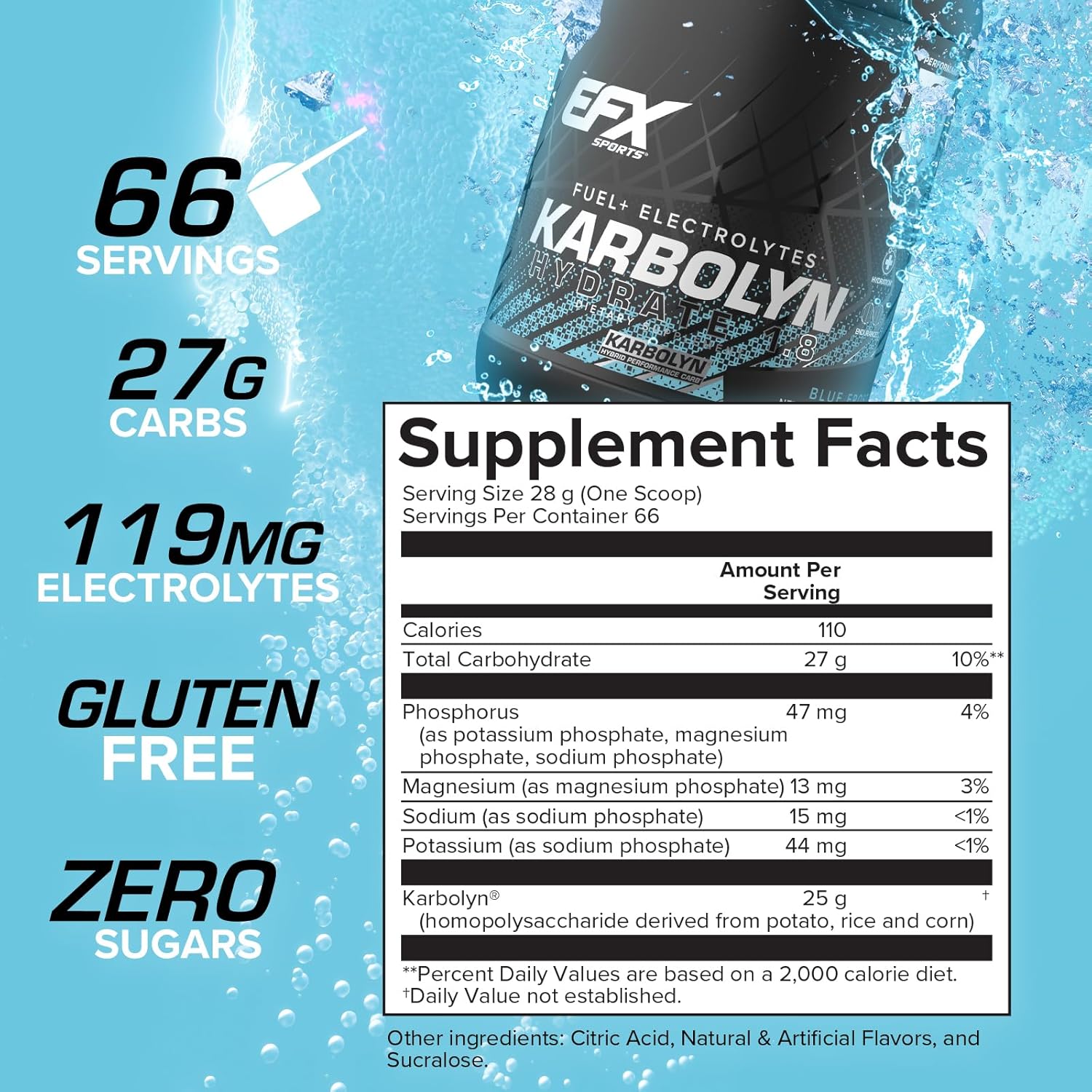 EFX Sports Karbolyn Hydrate Blue Frost - Carbohydrate Powder with Electrolytes for Fuel & Hydration - Stimulant Free Sports Drink Mix, Sugar Free - 66 Servings - BoostGo Australia
