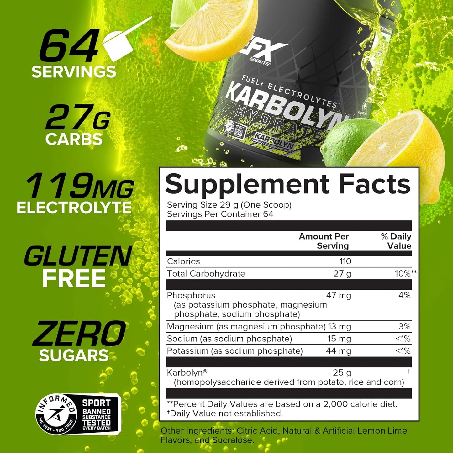 EFX Sports Karbolyn Hydrate Lemon Lime - Carb Powder with Electrolytes for Fuel & Hydration, Sugar-Free Drink Mix, 66 Servings