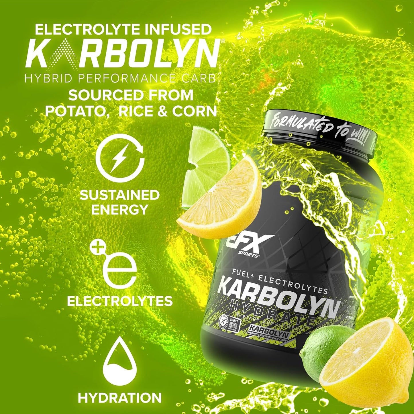 EFX Sports Karbolyn Hydrate Lemon Lime - Carb Powder with Electrolytes for Fuel & Hydration, Sugar-Free Drink Mix, 66 Servings