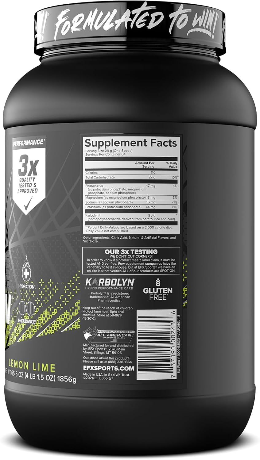 EFX Sports Karbolyn Hydrate Lemon Lime - Carb Powder with Electrolytes for Fuel & Hydration, Sugar-Free Drink Mix, 66 Servings