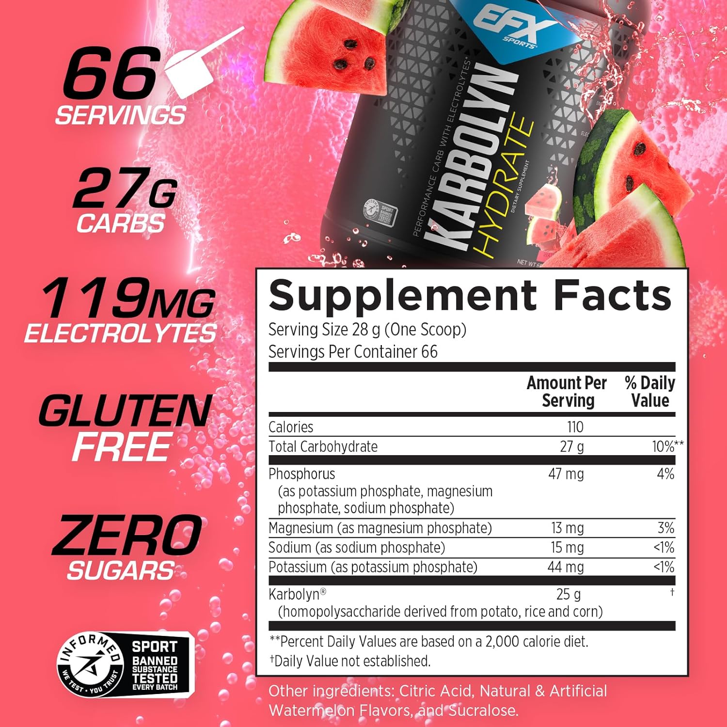 EFX Sports Karbolyn Hydrate Watermelon Wave - Sugar-Free Carbohydrate Powder with Electrolytes for Fuel & Hydration - 66 Servings - BoostGo Australia
