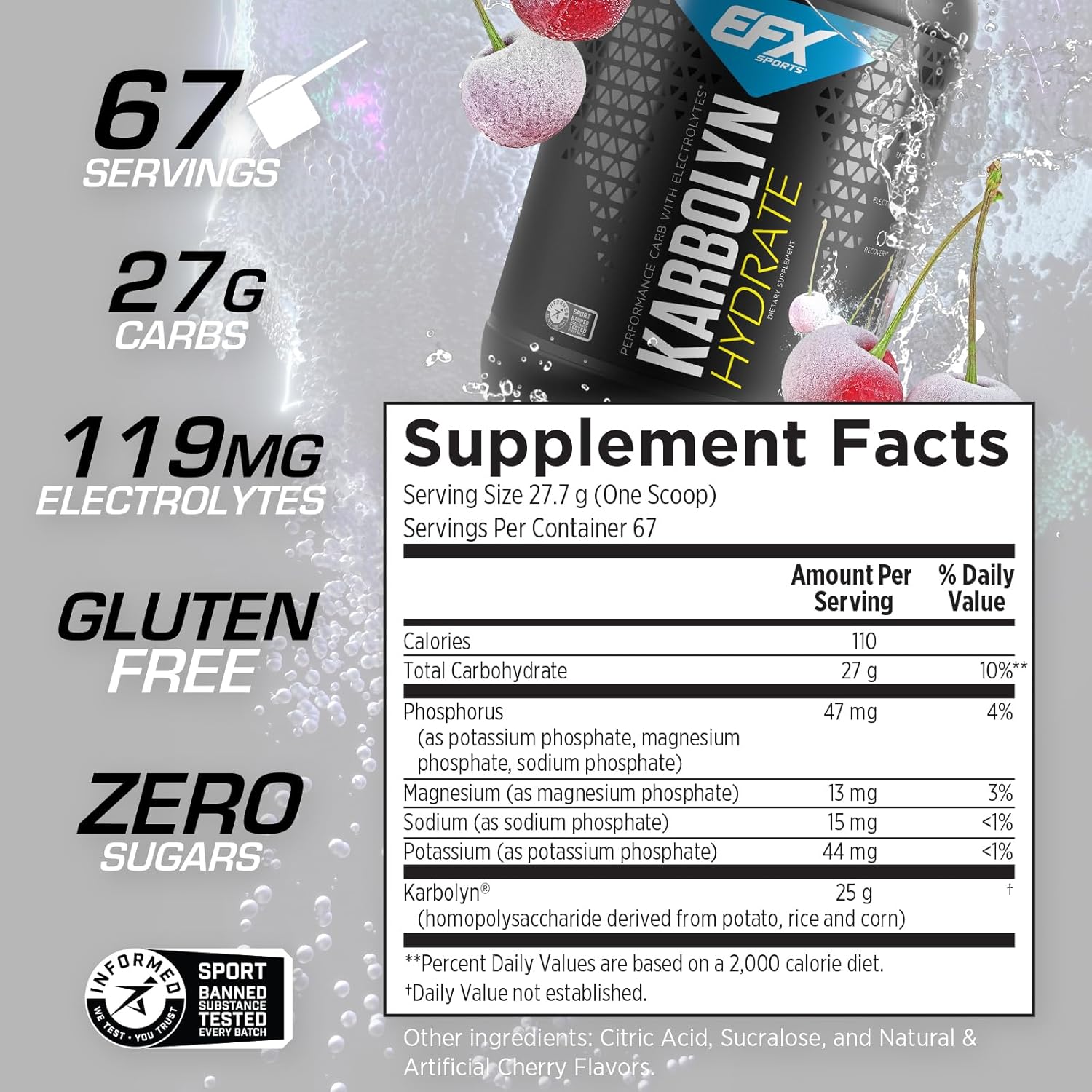 EFX Sports Karbolyn Hydrate White Cherry Frost - Carbohydrate Powder with Electrolytes for Fuel & Hydration, Sugar-Free Drink Mix (66 Servings)