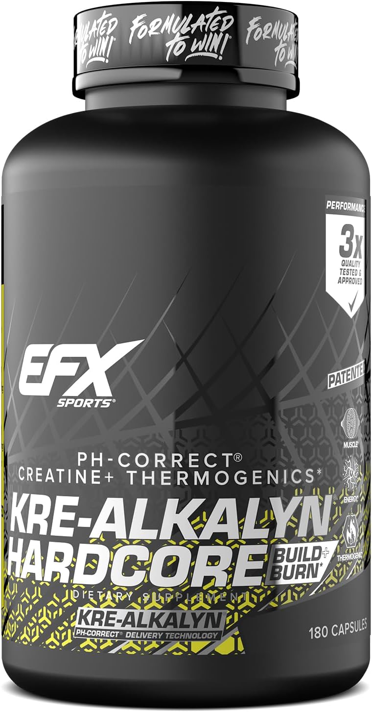 EFX Sports Kre-Alkalyn Hardcore: Thermogenic Creatine Monohydrate Pill for Energy & Strength | Pre Workout Supplement, 60 Servings
