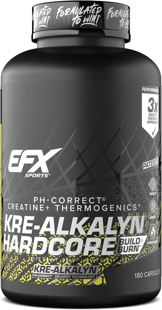 EFX Sports Kre-Alkalyn Hardcore: Thermogenic Creatine Monohydrate Pill for Energy & Strength | Pre Workout Supplement, 60 Servings