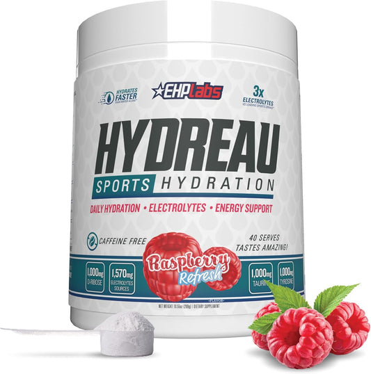 EHP Labs Hydreau Electrolytes Powder - Sugar-Free Hydration for Endurance & Energy - Raspberry Refresh Flavor - 40 Servings