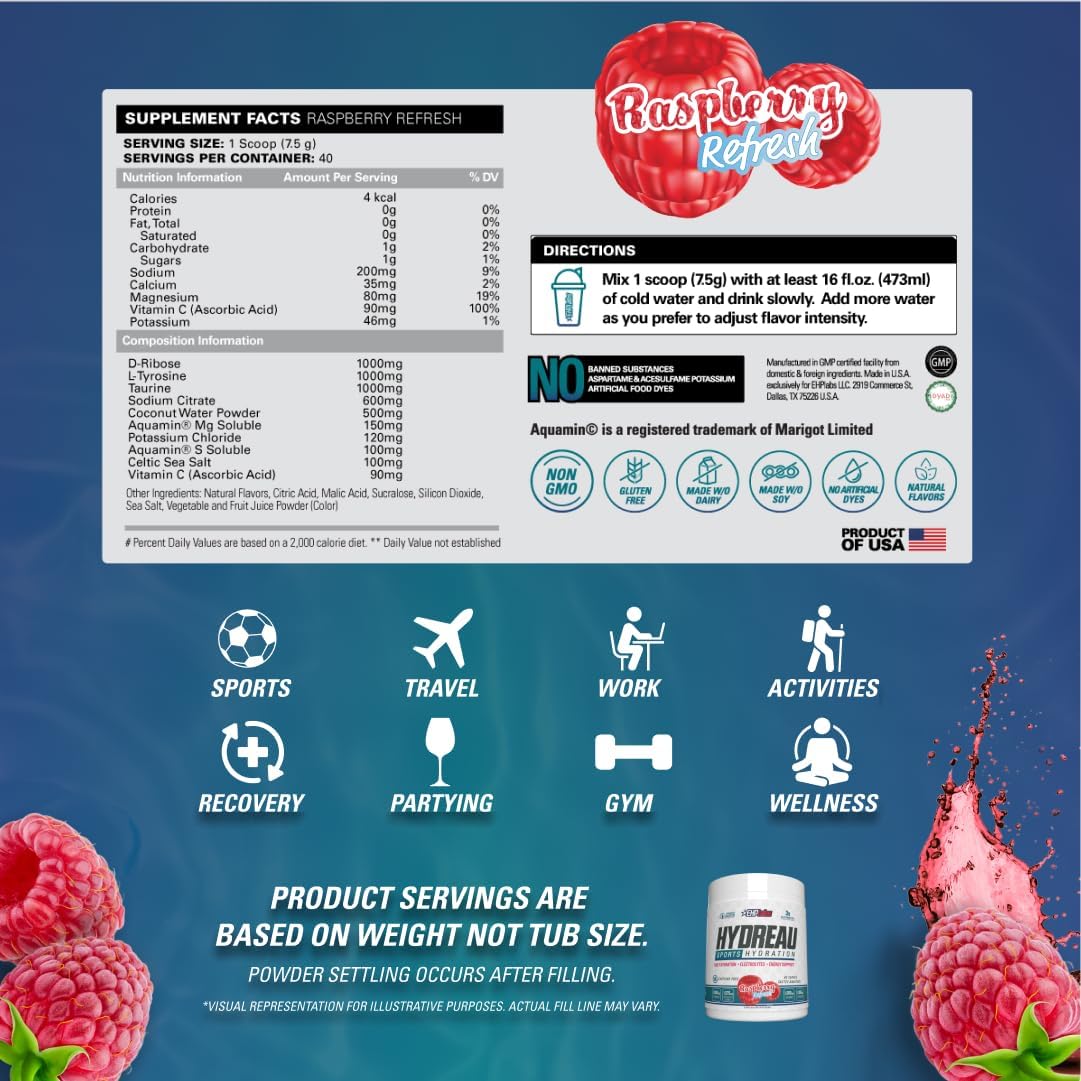 EHP Labs Hydreau Electrolytes Powder - Sugar-Free Hydration for Endurance & Energy - Raspberry Refresh Flavor - 40 Servings