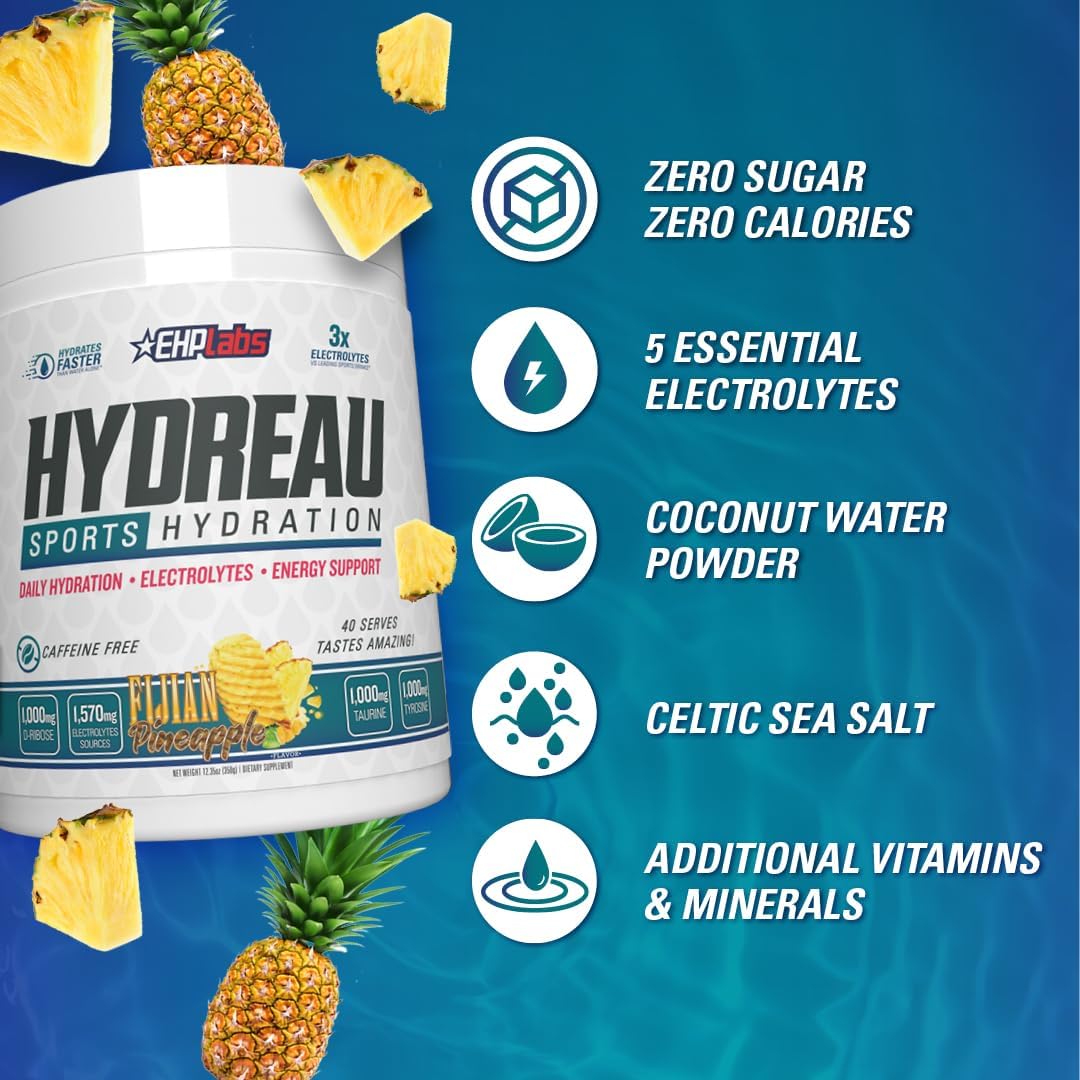 EHP Labs Hydreau Electrolytes Powder - Sugar-Free Hydration for Endurance - Fijian Pineapple Flavor - Men and Women - 40 Servings