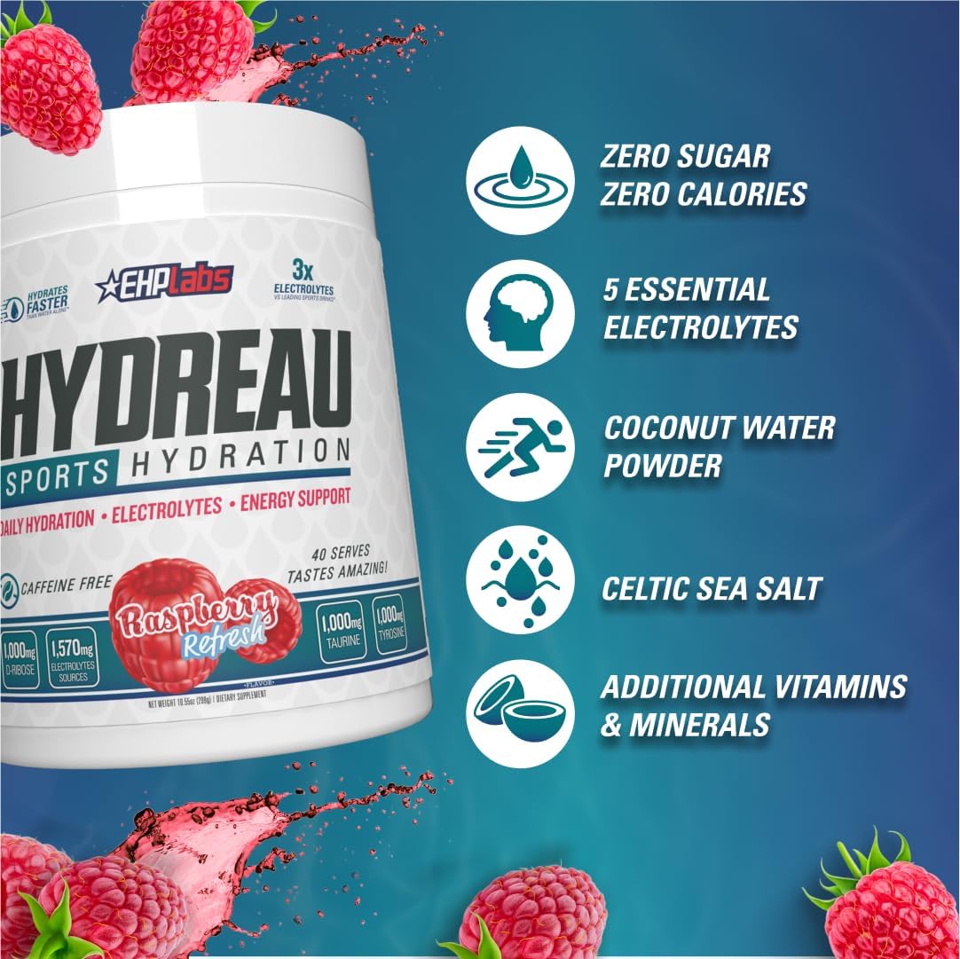 EHP Labs Hydreau Electrolytes Powder - Sugar-Free Hydration for Endurance & Energy - Raspberry Refresh Flavor - 40 Servings