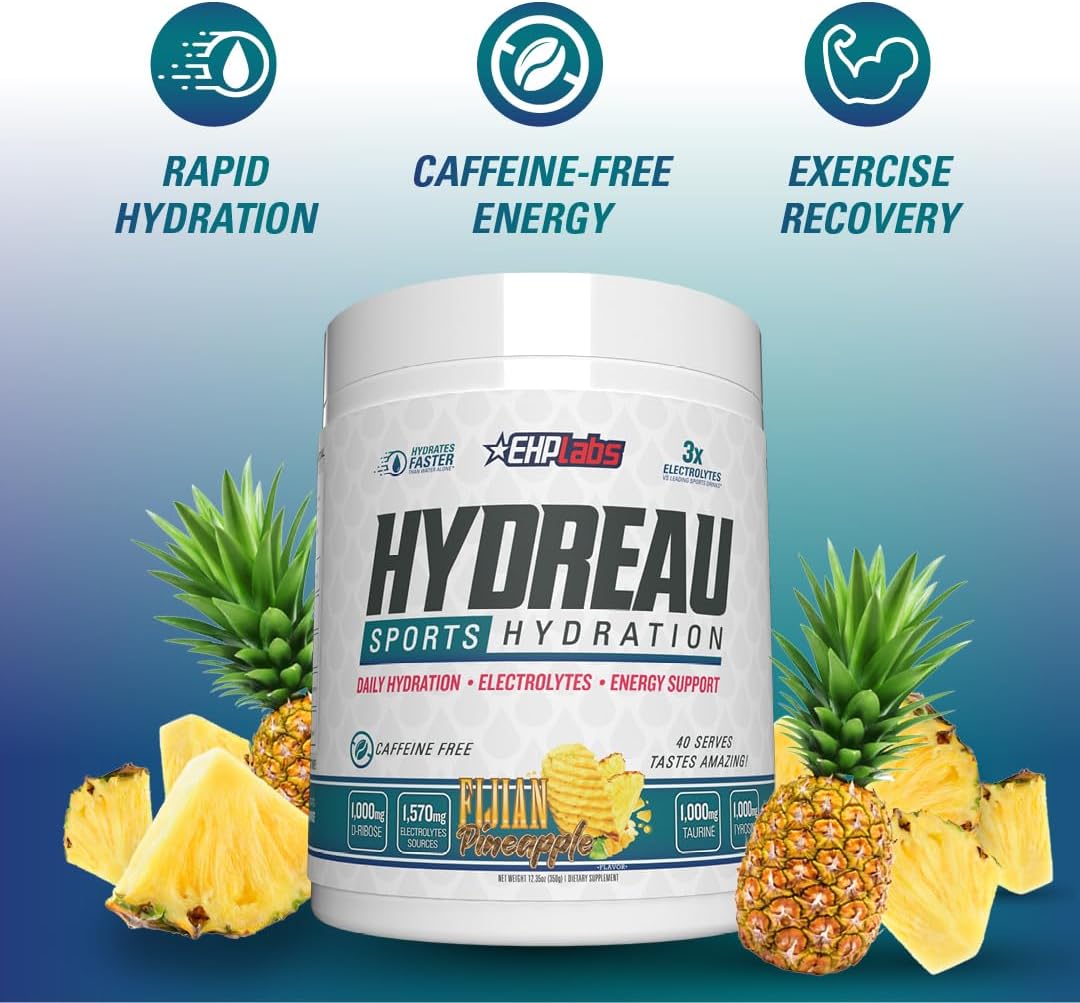 EHP Labs Hydreau Electrolytes Powder - Sugar-Free Hydration for Endurance - Fijian Pineapple Flavor - Men and Women - 40 Servings
