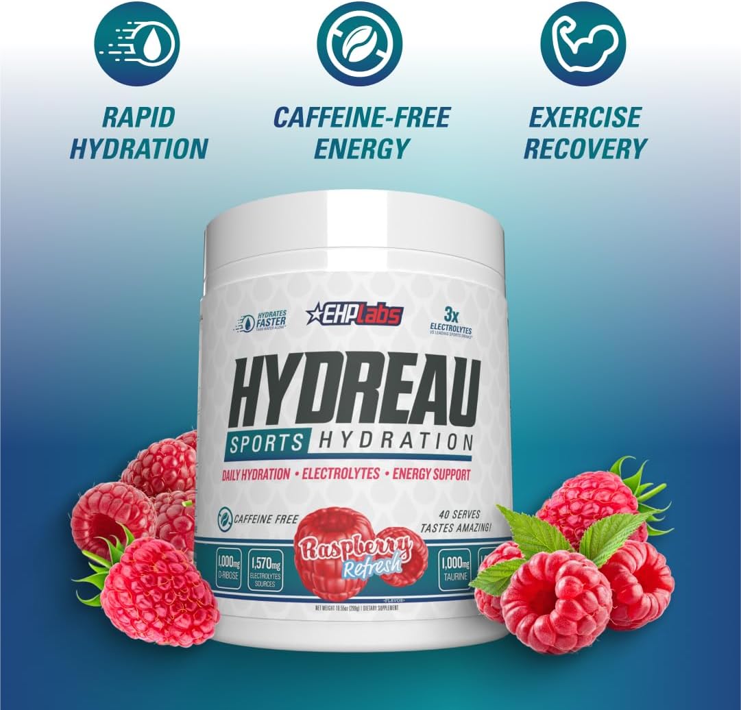 EHP Labs Hydreau Electrolytes Powder - Sugar-Free Hydration for Endurance & Energy - Raspberry Refresh Flavor - 40 Servings
