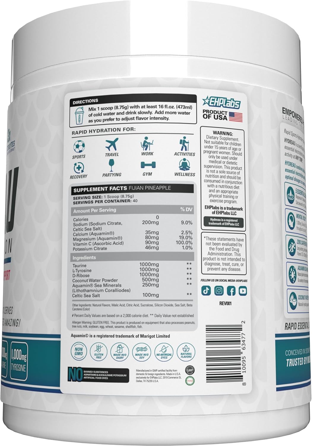 EHP Labs Hydreau Electrolytes Powder - Sugar-Free Hydration for Endurance - Fijian Pineapple Flavor - Men and Women - 40 Servings