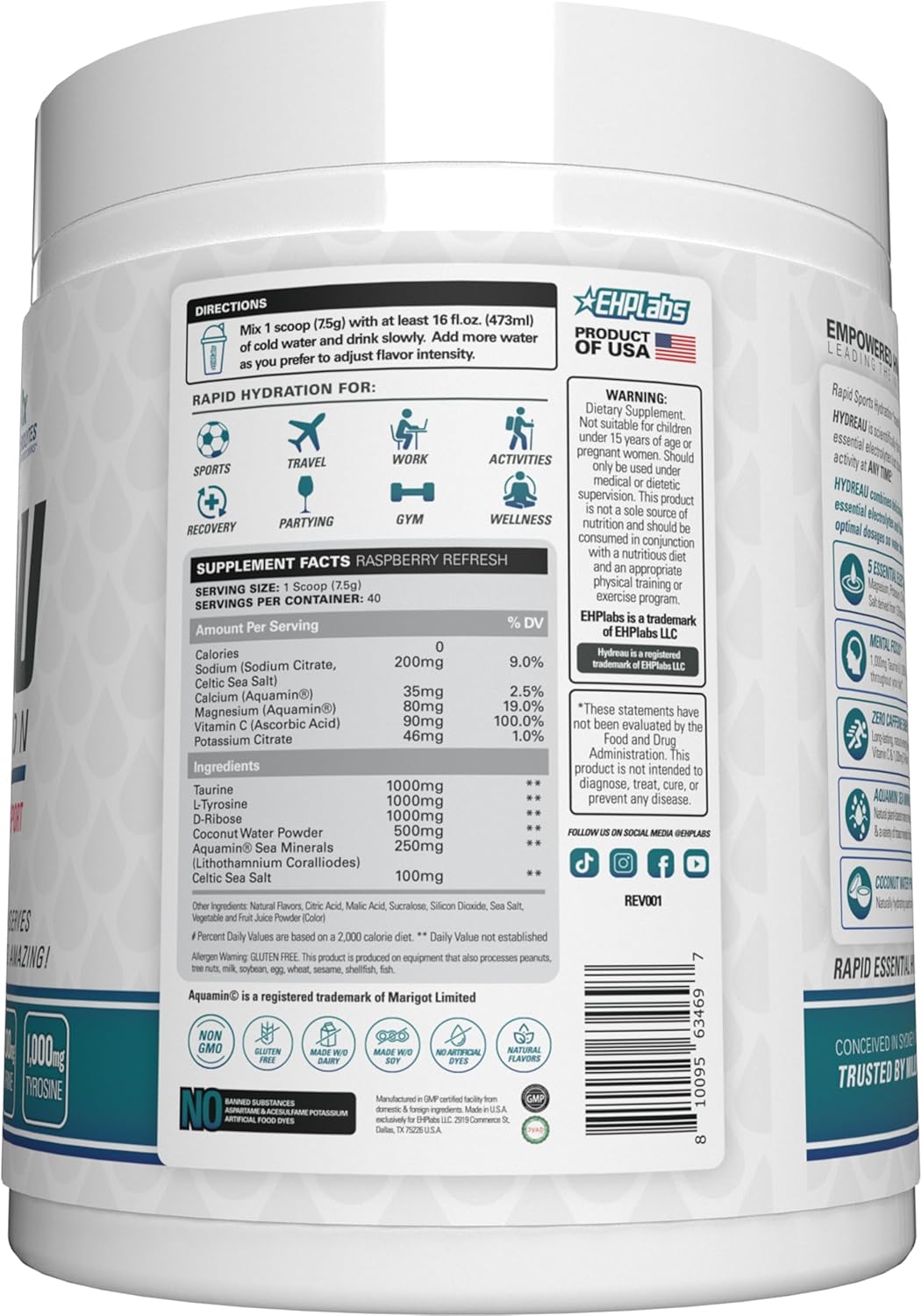 EHP Labs Hydreau Electrolytes Powder - Sugar-Free Hydration for Endurance & Energy - Raspberry Refresh Flavor - 40 Servings