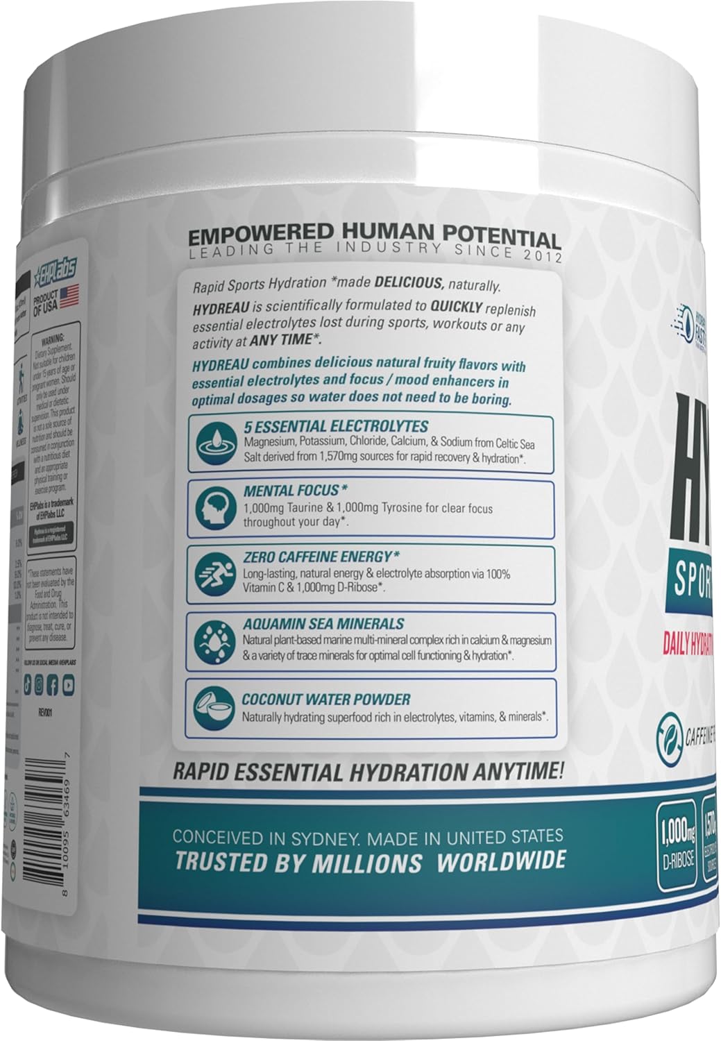 EHP Labs Hydreau Electrolytes Powder - Sugar-Free Hydration for Endurance & Energy - Raspberry Refresh Flavor - 40 Servings