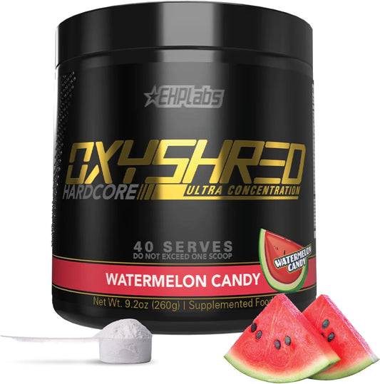 EHP Labs OxyShred Hardcore Pre Workout Powder - Energy Boost Drink with L Glutamine & Acetyl L Carnitine - Watermelon Candy Flavor - 40 Servings