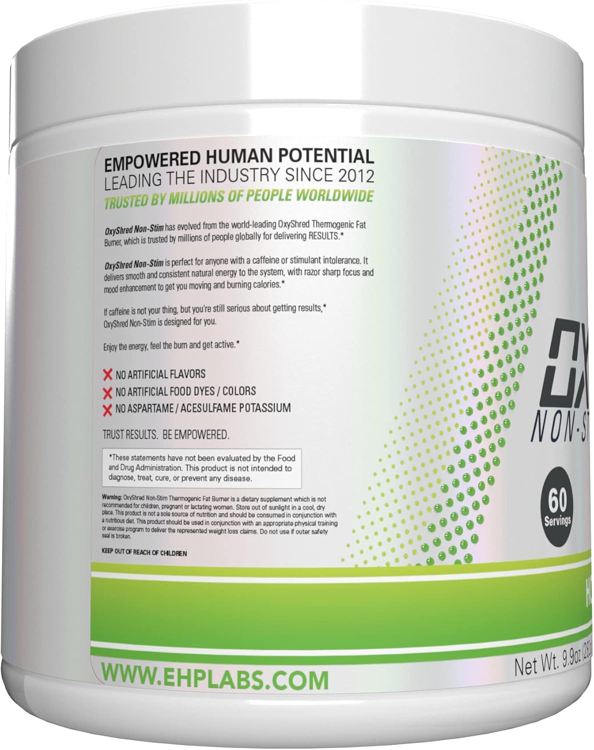 EHP Labs OxyShred Non-Stimulant Pre Workout Powder - Caffeine-Free & Stimulant-Free Formula with L-Glutamine & Acetyl L-Carnitine - Honeydew Melon Flavor, 60 Servings
