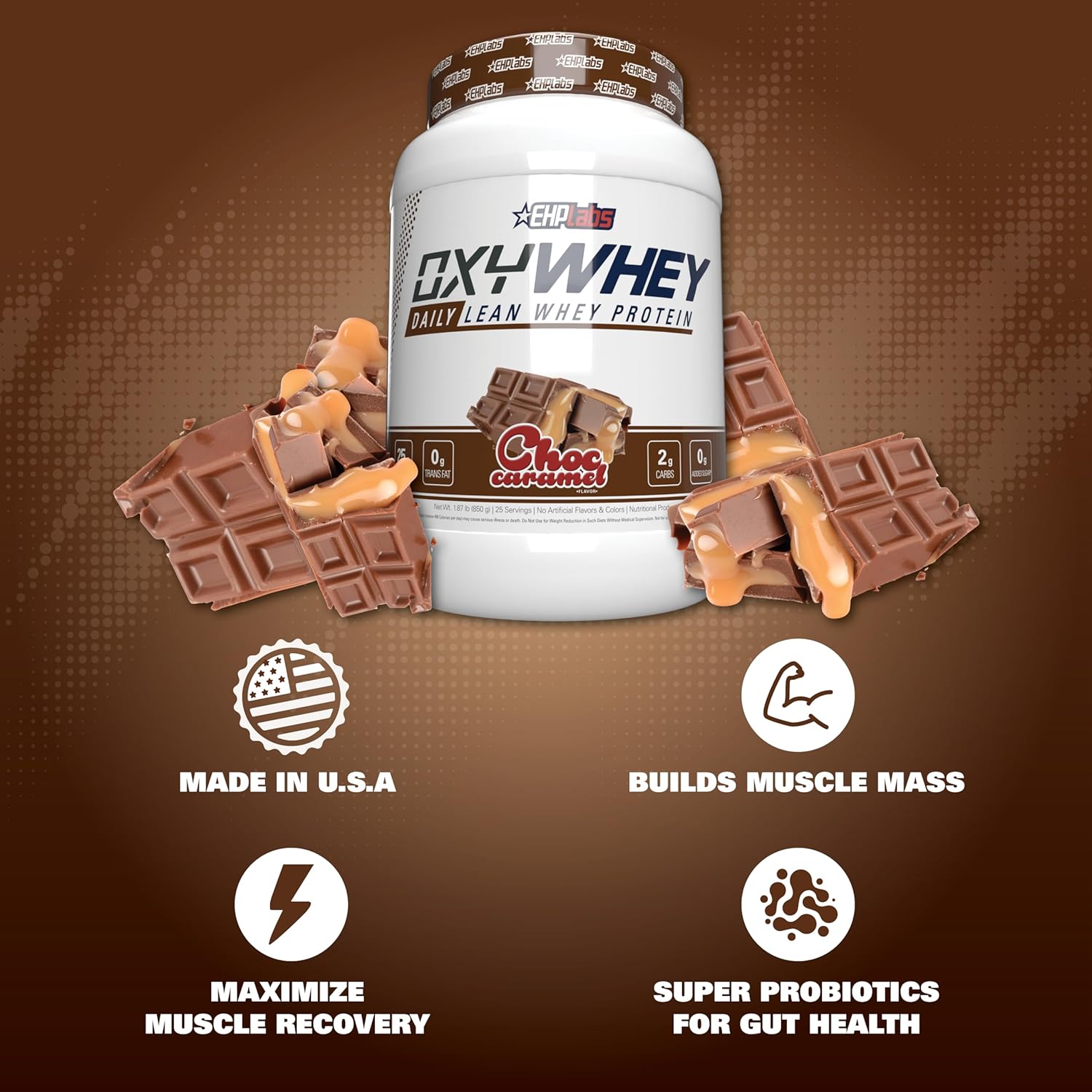 EHP Labs OxyWhey Whey Protein Powder - Chocolate Caramel Flavor, 25g Whey Isolate, Sugar-Free Meal Replacement Shake - 25 Servings