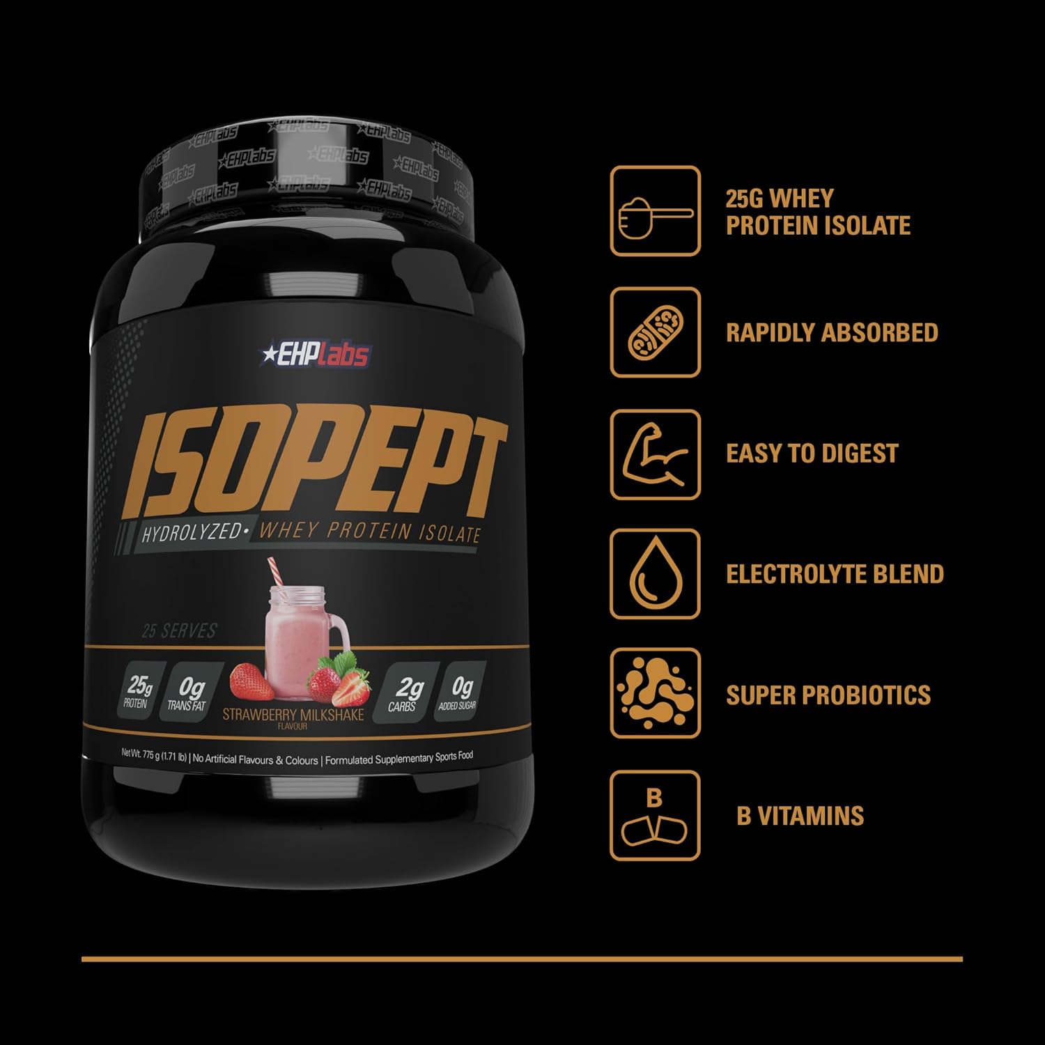 EHPlabs IsoPept Hydrolyzed Whey Protein Powder - Strawberry Milkshake Flavor, 27g Protein, Fast Absorption, Gluten-Free, Non-GMO - 27 Servings