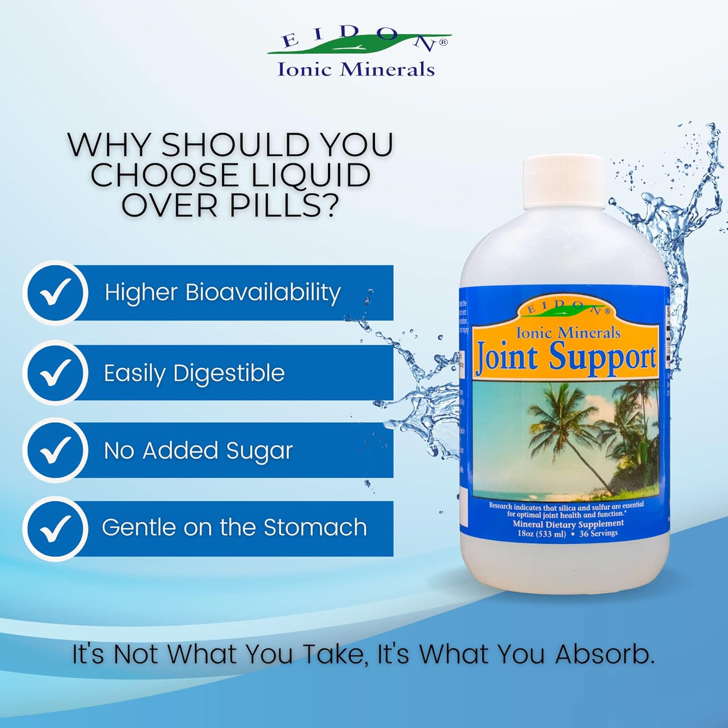 Eidon Ionic Minerals Joint Support Liquid Concentrate - With Silica & Sulfur, Stronger Hair, Skin, Nails - 18 oz