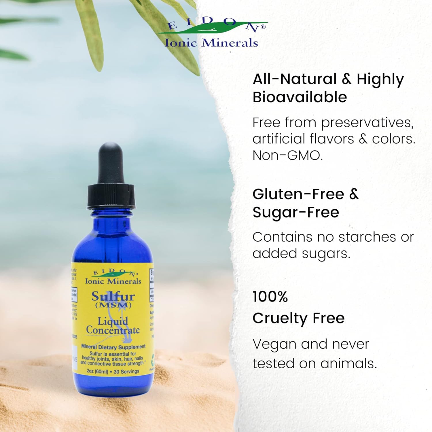 Eidon Ionic Minerals Sulfur Drops - Liquid MSM Supplement for Joints, Skin, & Hair - 2 Oz Bottle, Preservative-Free