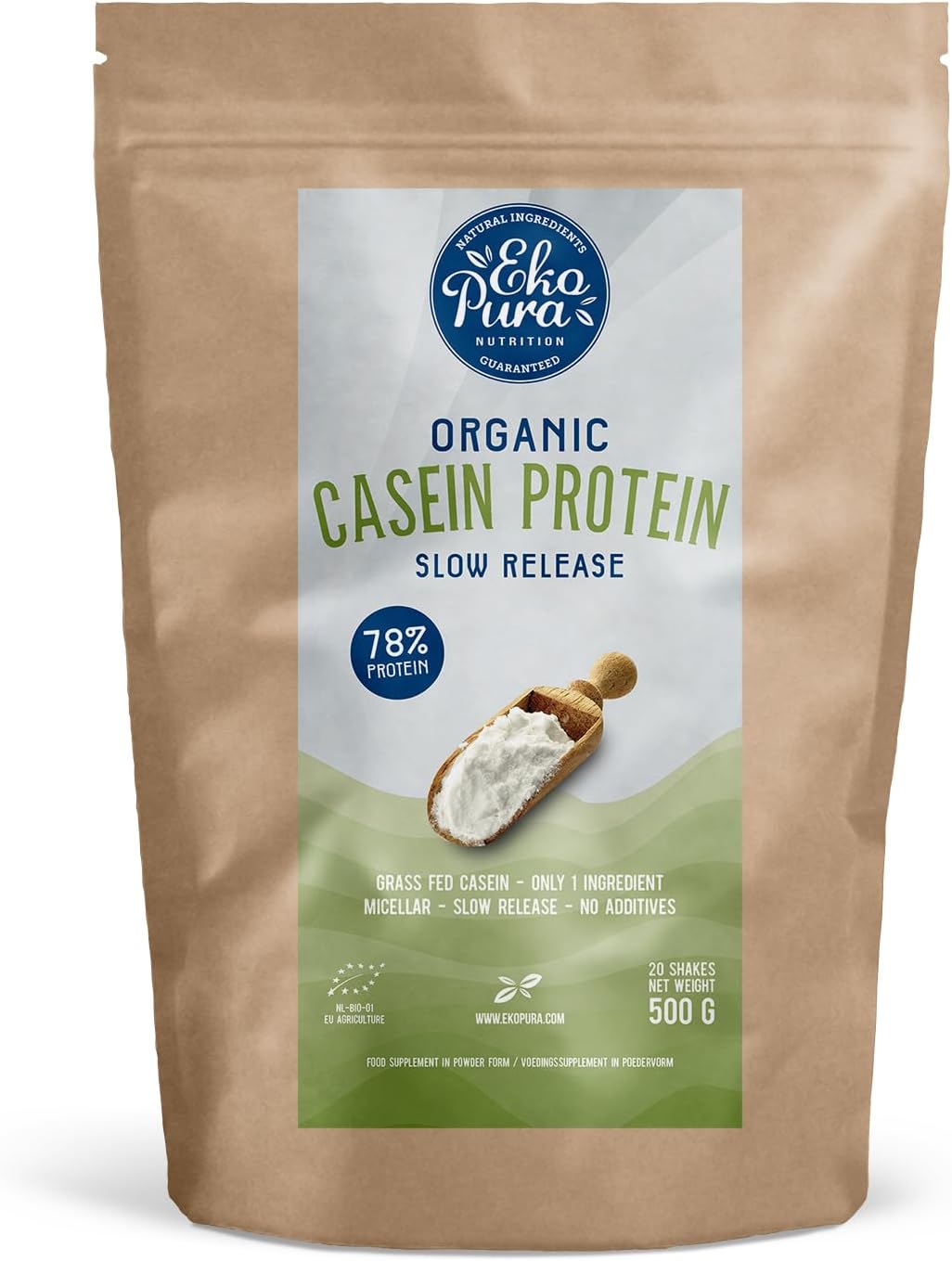 Ekopura Organic Casein Protein Powder - 78% Pure Protein from Grass-Fed German Cows - No Additives - 500g Pack