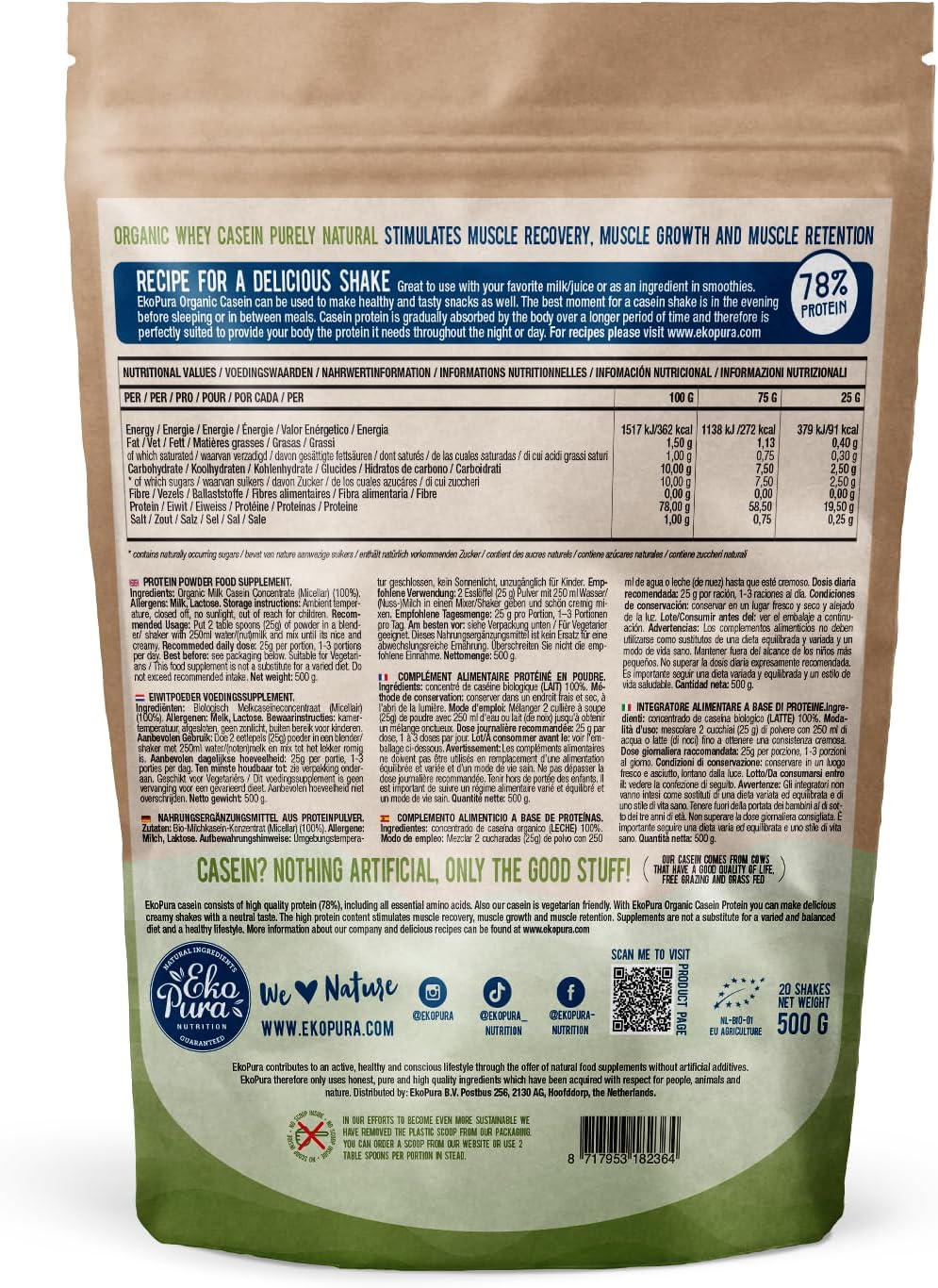 Ekopura Organic Casein Protein Powder - 78% Pure Protein from Grass-Fed German Cows - No Additives - 500g Pack