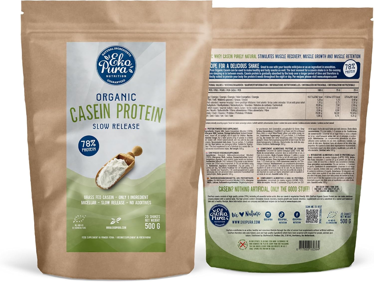 Ekopura Organic Casein Protein Powder - 78% Pure Protein from Grass-Fed German Cows - No Additives - 500g Pack