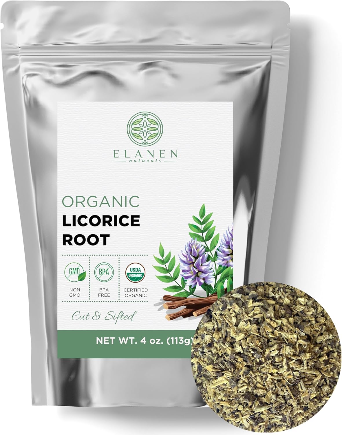 Elanen Naturals Organic Licorice Root Tea 4 oz (113g) - USDA Certified, Bulk Cut & Sifted Liquorice - Glycyrrhiza glabra Root - Raiz de Regaliz Licrice