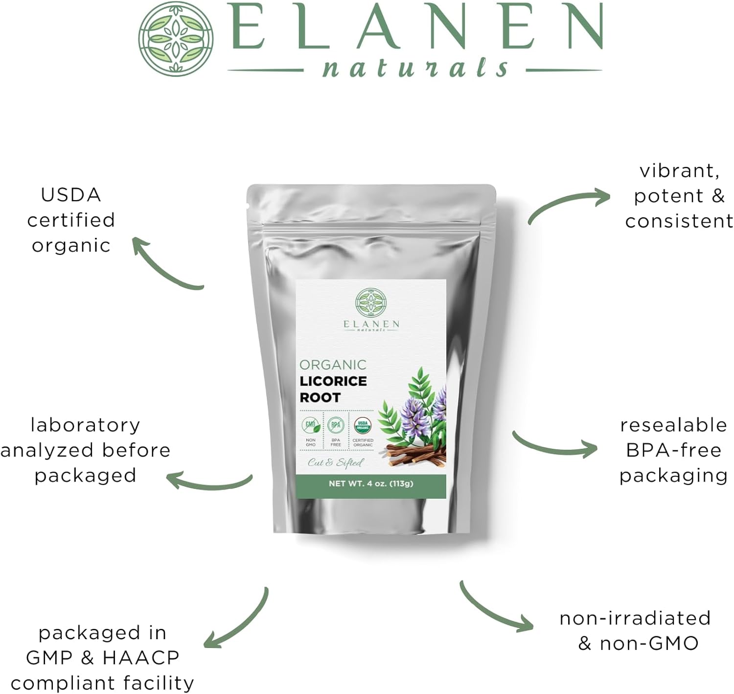 Elanen Naturals Organic Licorice Root Tea 4 oz (113g) - USDA Certified, Bulk Cut & Sifted Liquorice - Glycyrrhiza glabra Root - Raiz de Regaliz Licrice