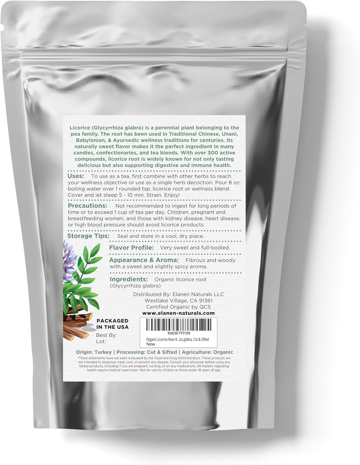 Elanen Naturals Organic Licorice Root Tea 4 oz (113g) - USDA Certified, Bulk Cut & Sifted Liquorice - Glycyrrhiza glabra Root - Raiz de Regaliz Licrice