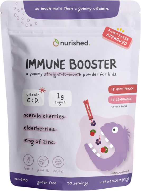 Elderberry & Acerola Cherry Kids Immune Support Powder - Vitamin C, D, Zinc - 30 Servings - 2 Flavors