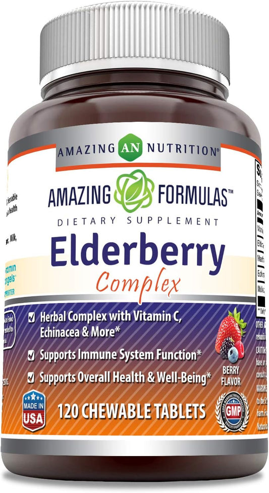 Elderberry Complex Supplement Chewable Tablets - 120 Count - Berry Flavor - Non-GMO & Gluten-Free - Made in USA by Amazing Nutrition