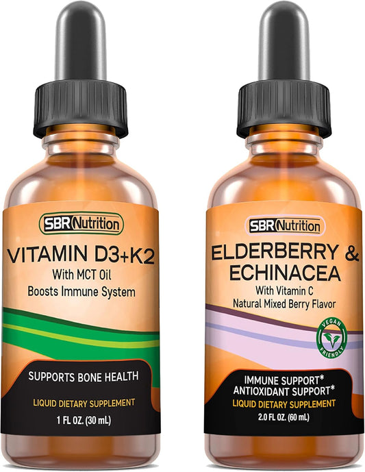 Elderberry & Echinacea Vitamin Bundle for Adults & Kids - Liquid Drops with D3K2 & Vitamin C - Non-GMO & Gluten Free - Peppermint Flavor - 1oz & 2oz