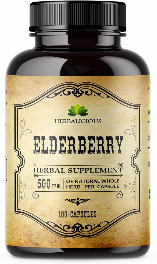 Elderberry Extract Capsules - Natural Herbal Supplement for Digestive Health & Immune Support - Antioxidant & Vitamin C - 100 Count
