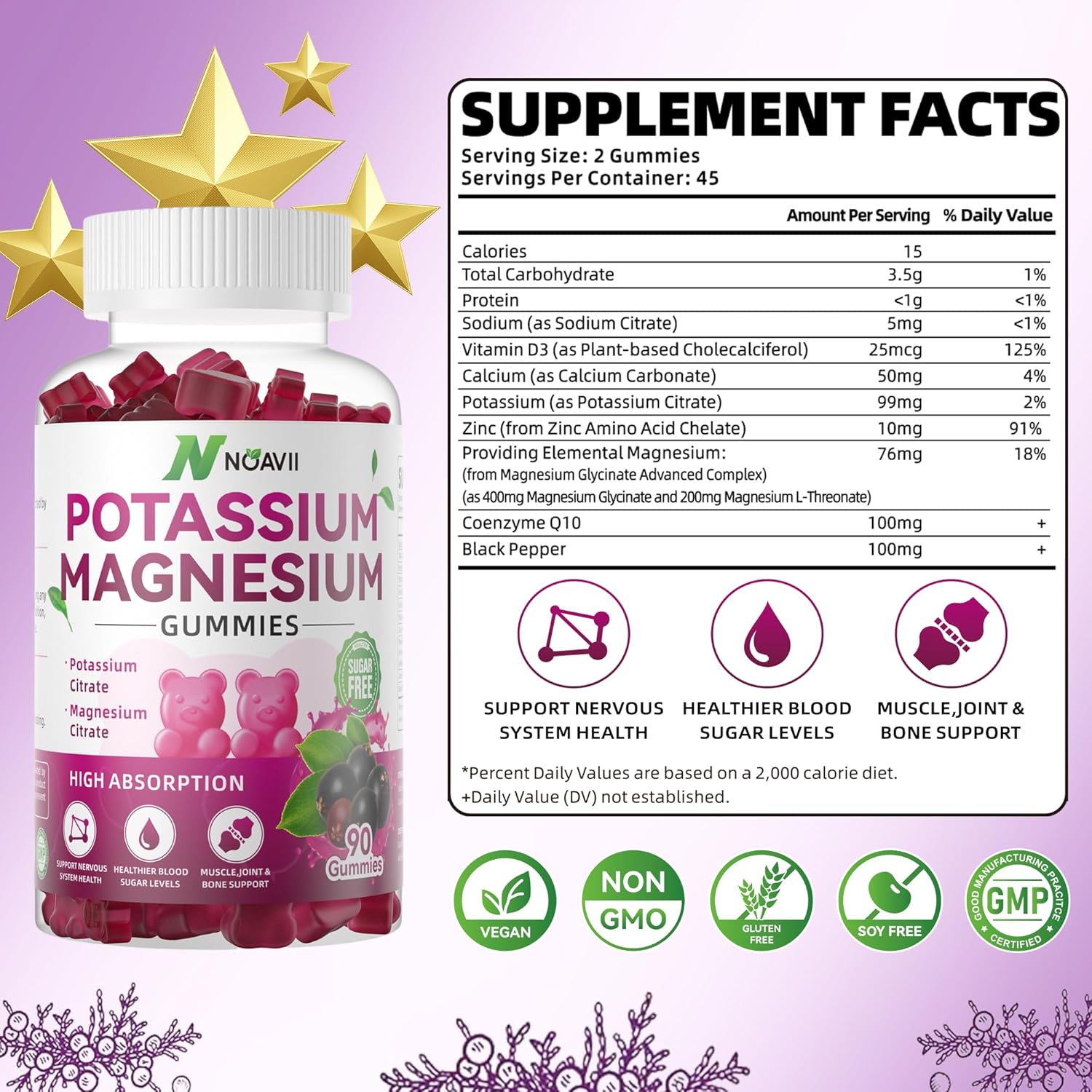 Elderberry Flavored Potassium Magnesium Gummies for Leg Cramps - 90 Count