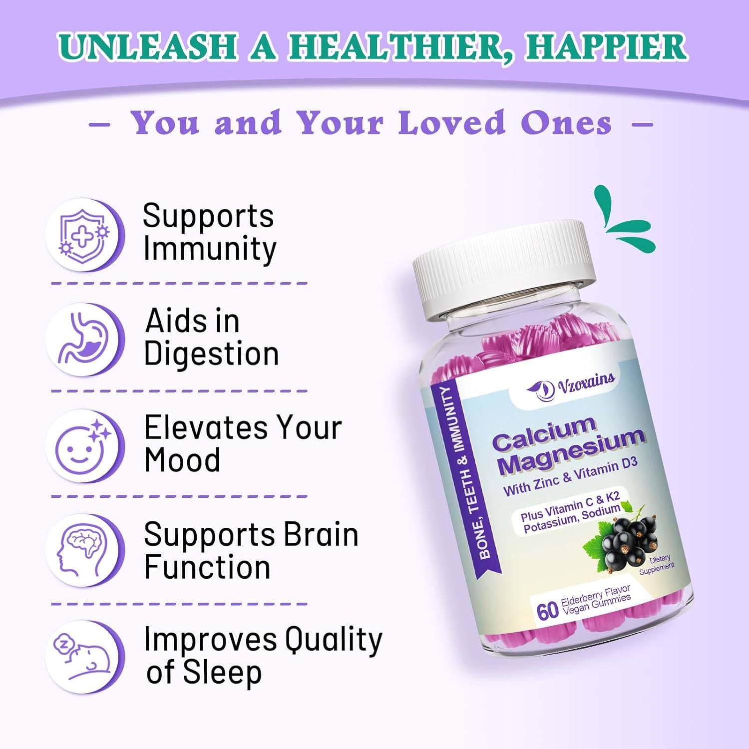 Elderberry Flavored Vegan Calcium Gummies with High Absorption Formula for Bone and Muscle Health - 60 Count