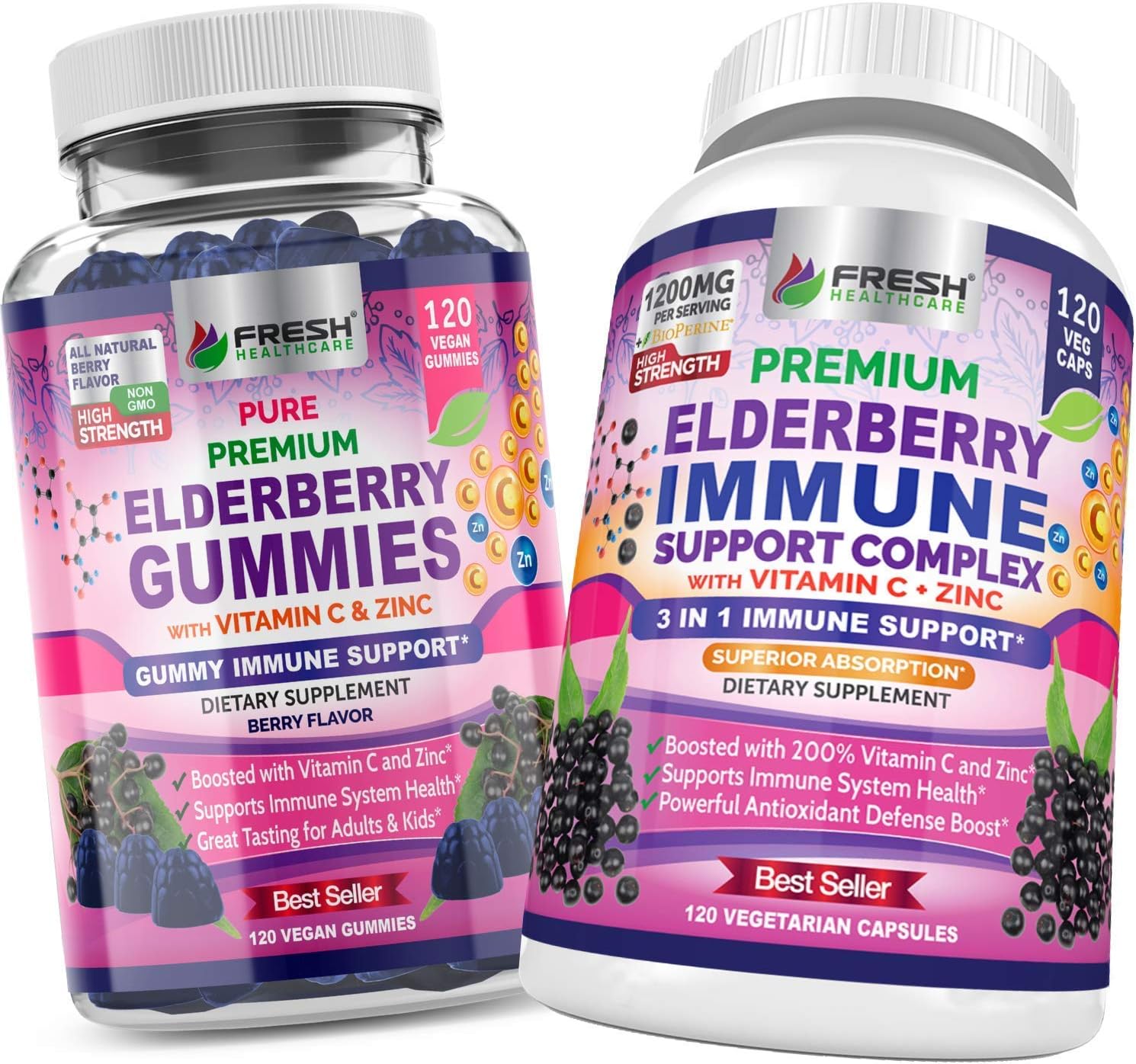 Elderberry Gummies and Immune Support Complex by FRESH HEALTHCARE - Boost Your Immunity with Elderberry