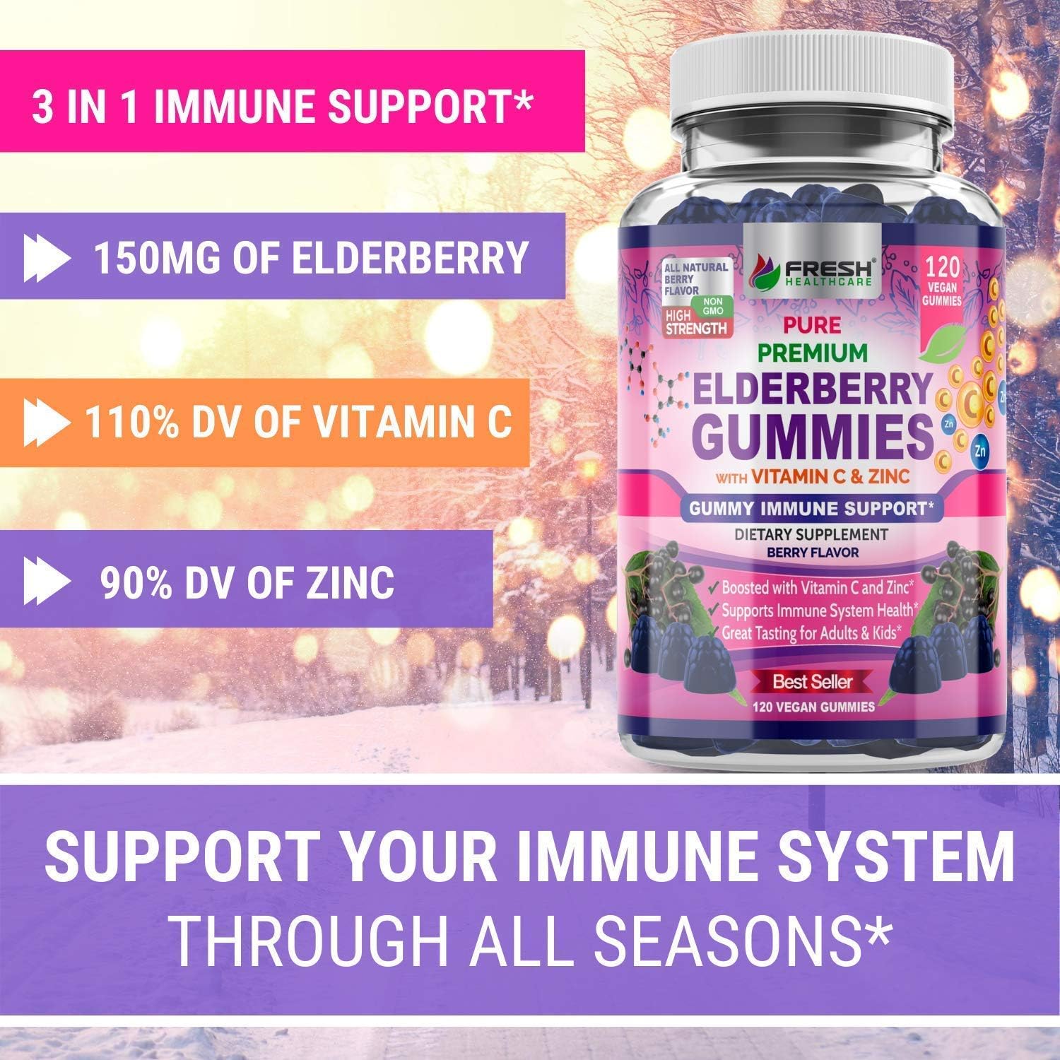 Elderberry Gummies and Immune Support Complex by FRESH HEALTHCARE - Boost Your Immunity with Elderberry