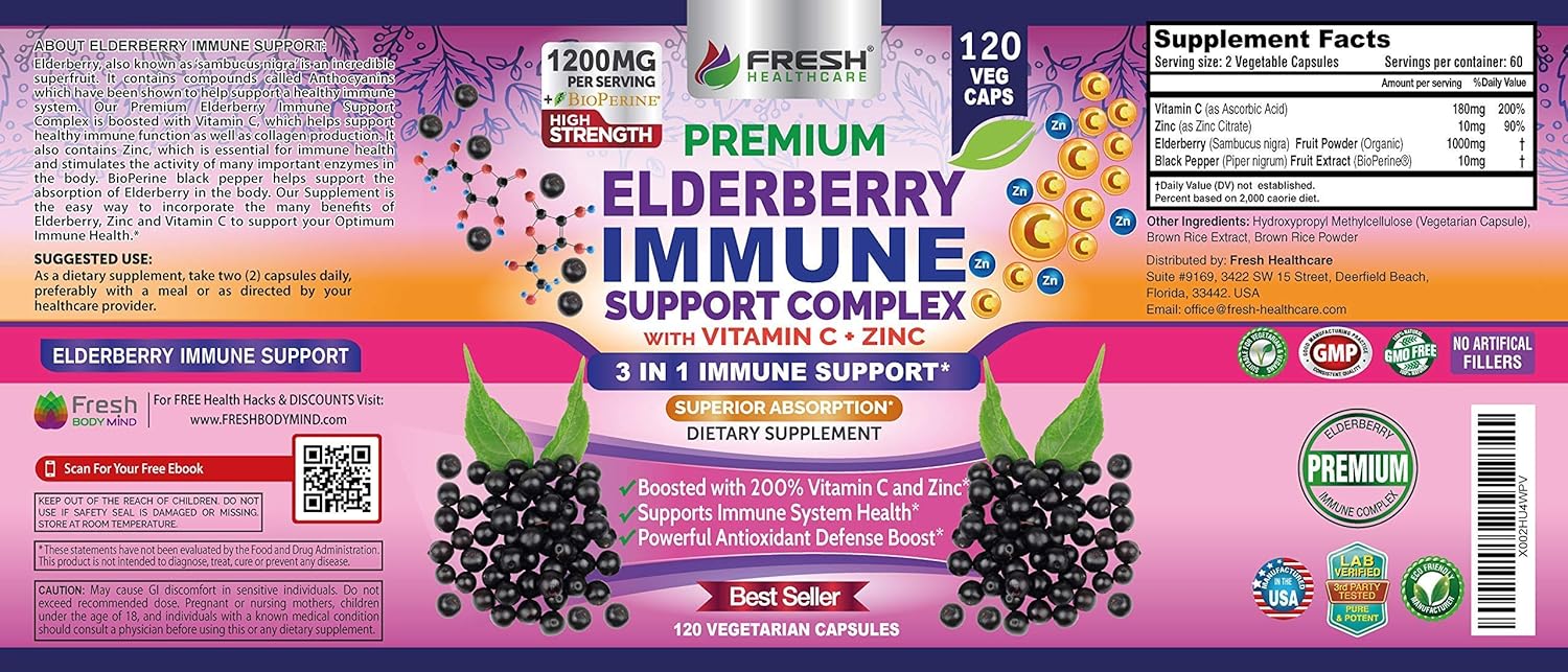 Elderberry Gummies and Immune Support Complex by FRESH HEALTHCARE - Boost Your Immunity with Elderberry