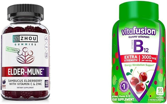 Elderberry Gummies Immune Support Bundle with Vitamin B12 Gummies for Energy Metabolism, 60 and 90 Count