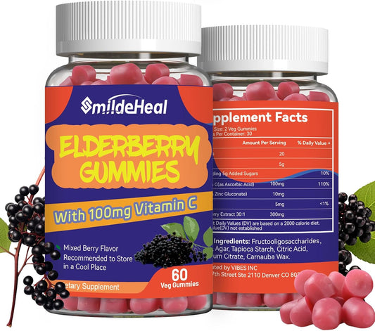 Elderberry Gummies with Vitamin C and Zinc for Immune Support - 300mg Elderberry Extract, Strawberry Flavor, Non-GMO, Gluten-Free, Vegan - 120 Gummies